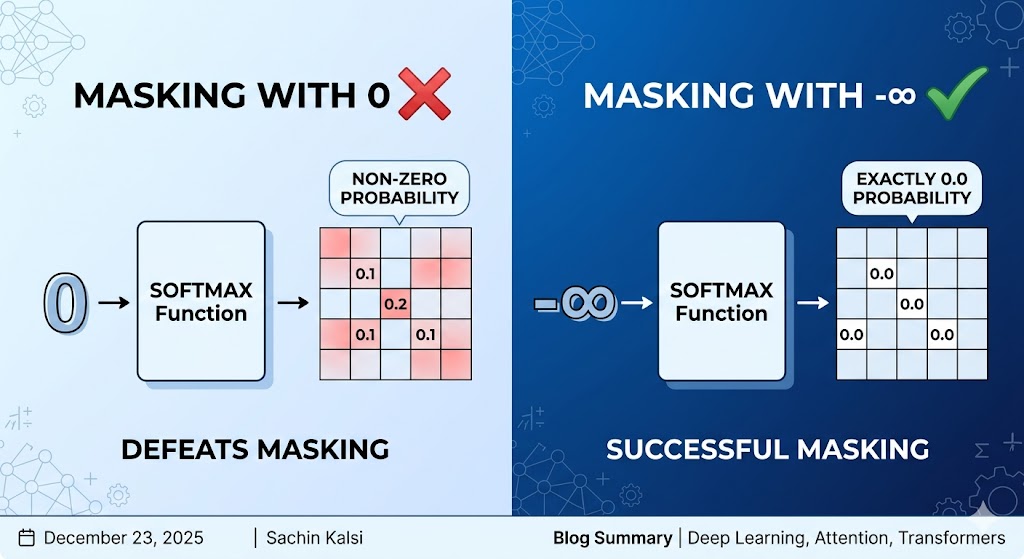 contrast between the problematic zero masking and the effective negative infinity masking