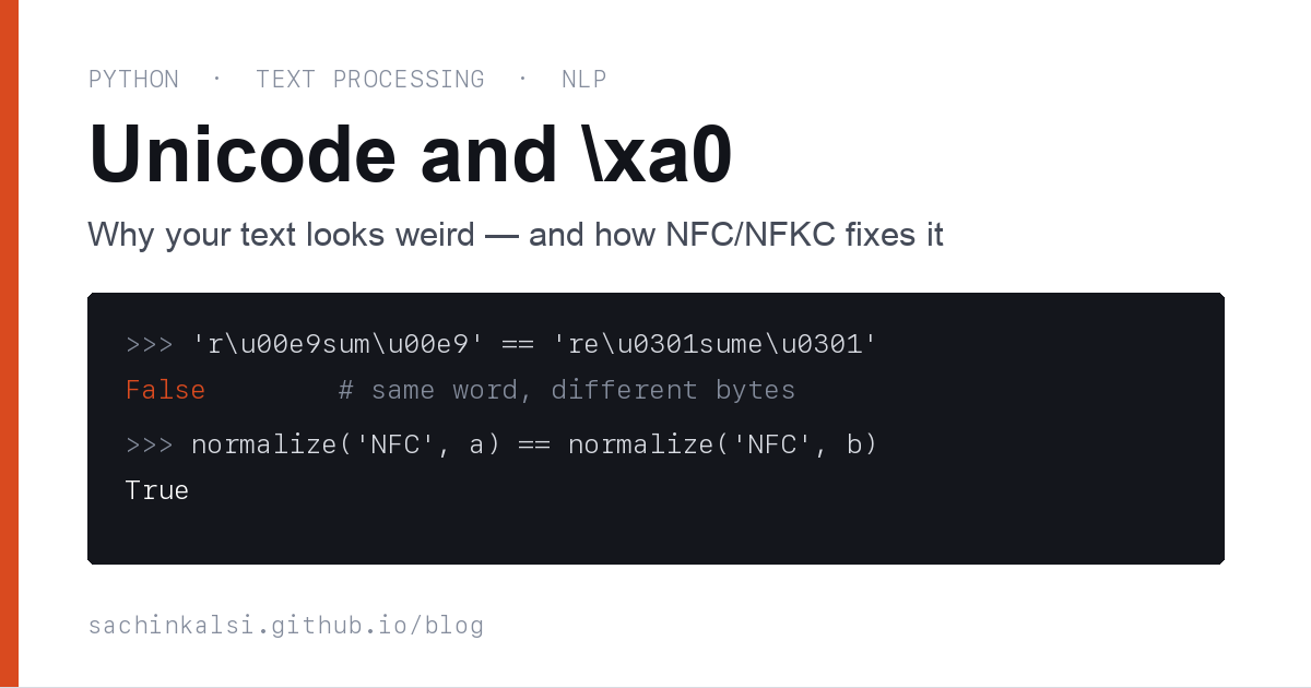 Python comparing NFC and NFD forms of the word resume, which are unequal until normalized