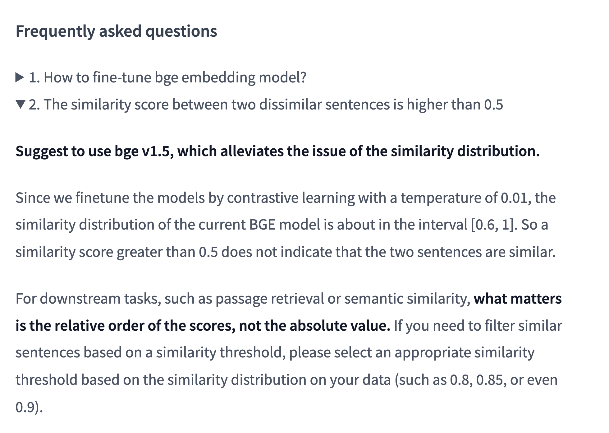 BGE README stating that because the models are fine-tuned with contrastive learning at a temperature of 0.01, the similarity distribution sits in the interval 0.6 to 1, so a score above 0.5 does not mean two sentences are similar