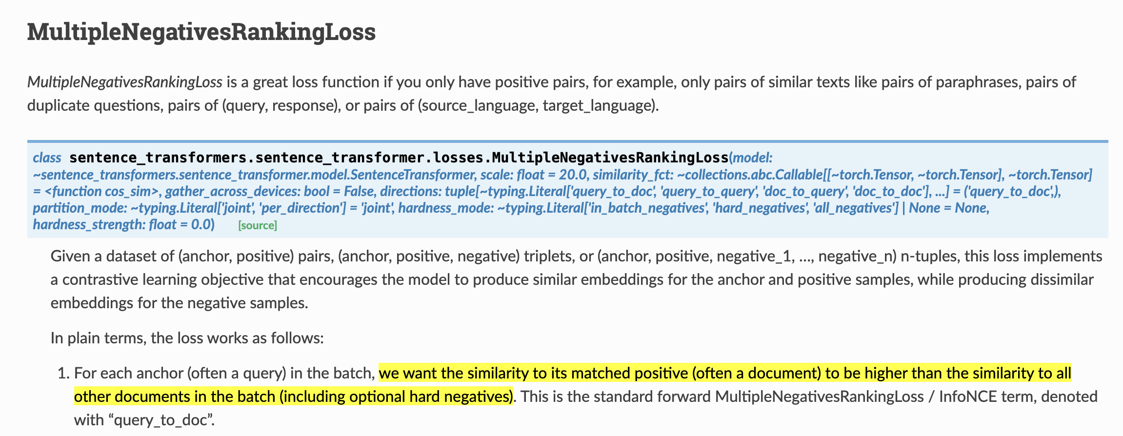 Sentence Transformers documentation for MultipleNegativesRankingLoss, showing that for each anchor the loss wants the similarity to its matched positive to be higher than the similarity to all other documents in the batch
